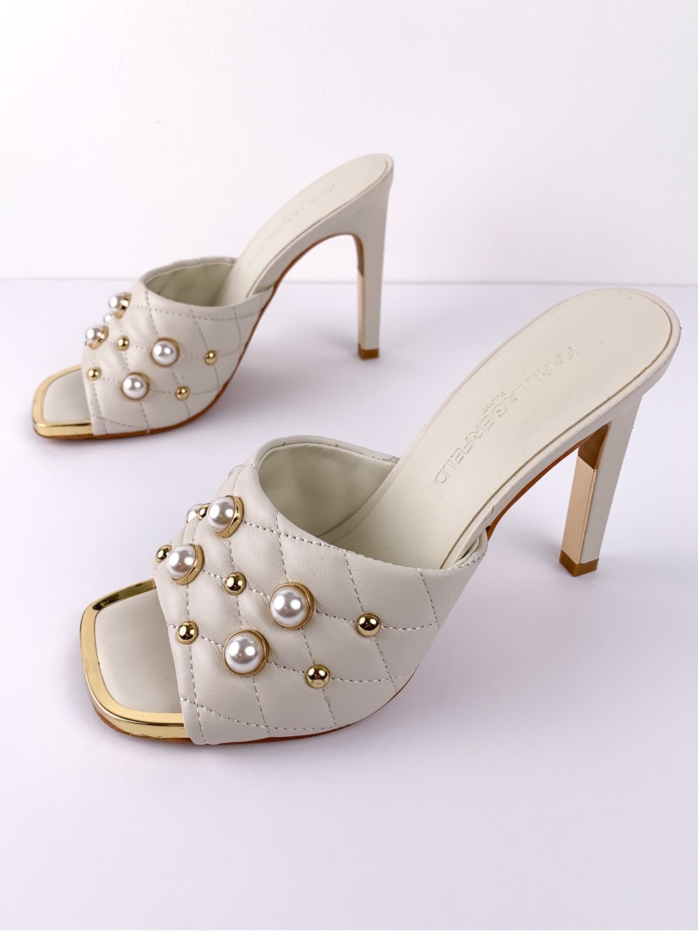 Karl Lagerfeld Paris Amina pearl studded heeled mules in ivory & gold size 6
